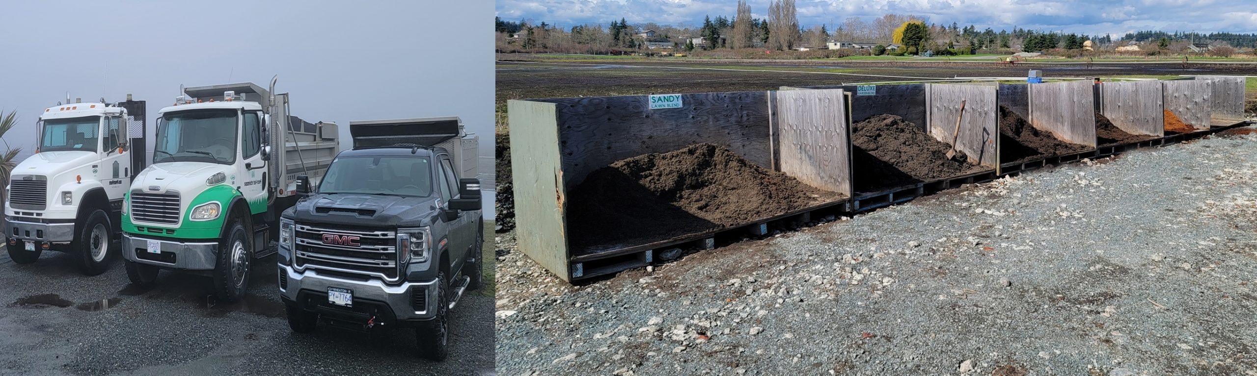 Delivery trucks and ufill bins at tuf-turf Victoria BC