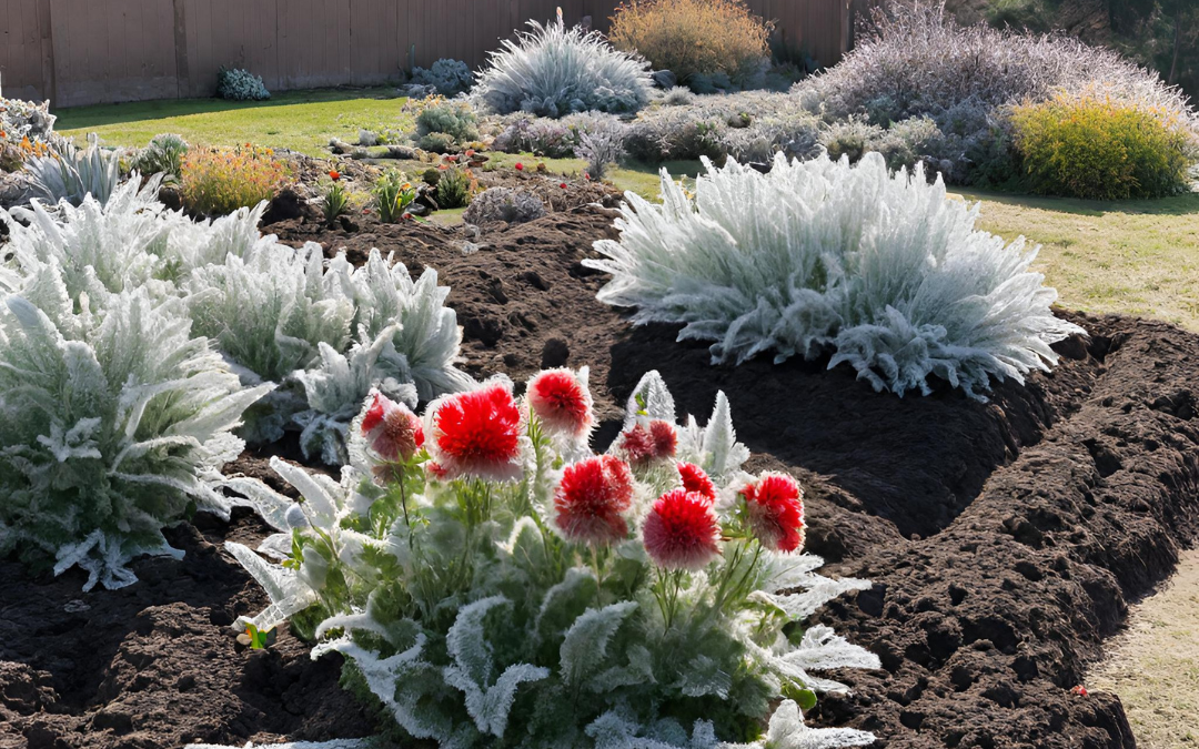Frost on a garden protected by mulch